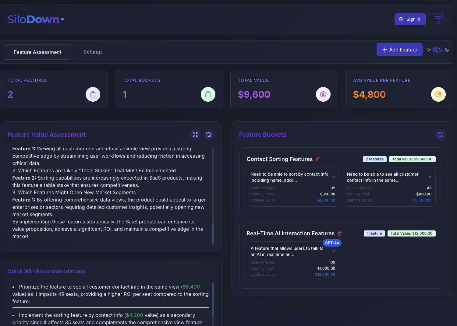 SiloDown Product Dashboard - Dark Mode Interface