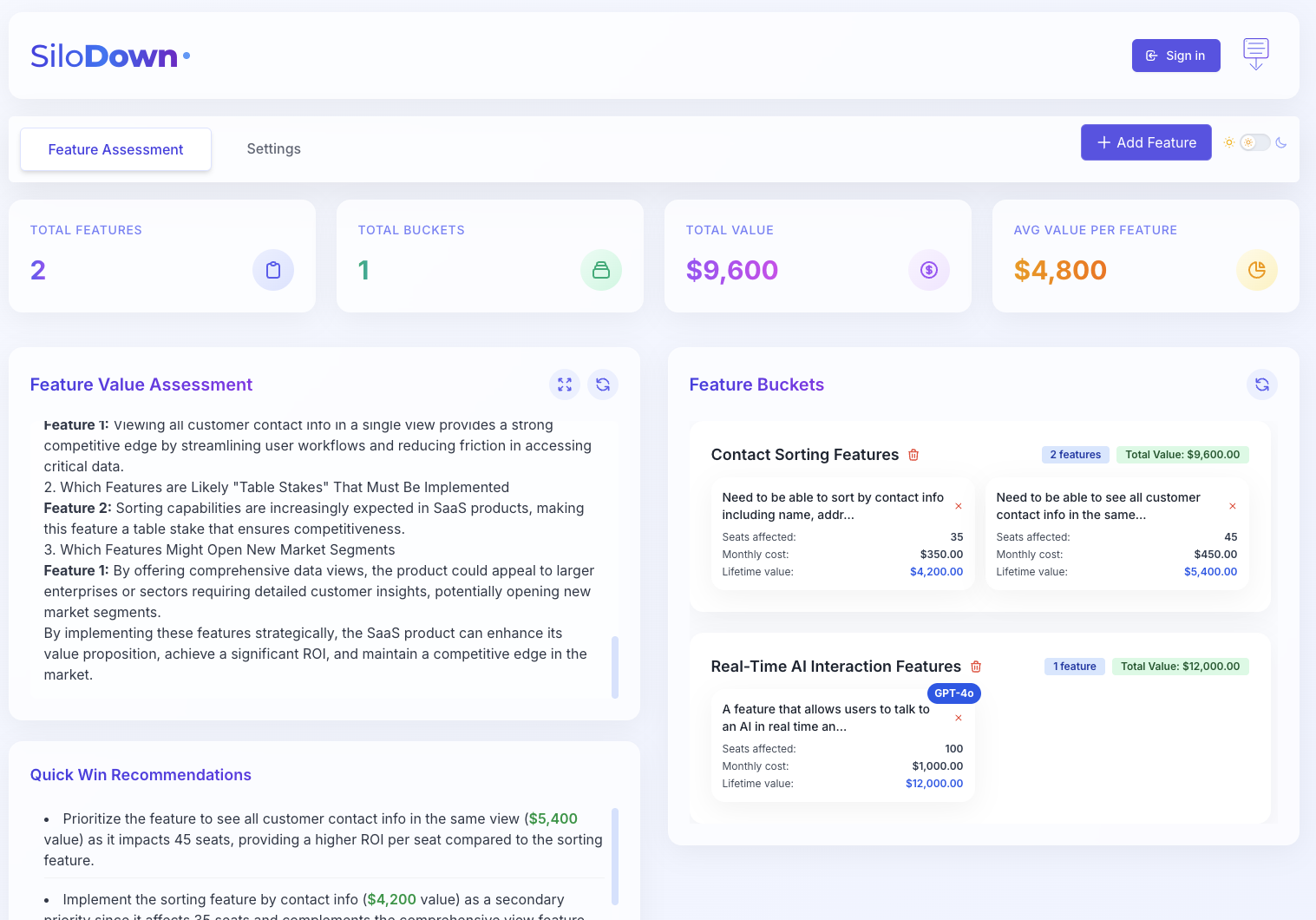 SiloDown Product Dashboard - Feature Management Interface